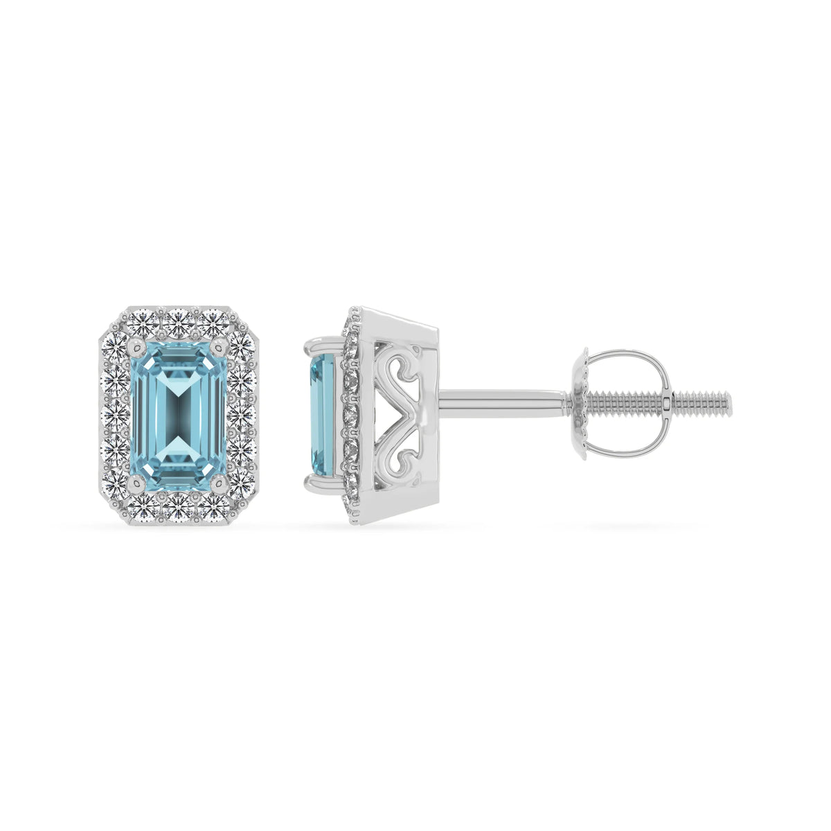 lab grown aquamarine emerald cut stud earrings in platinum 