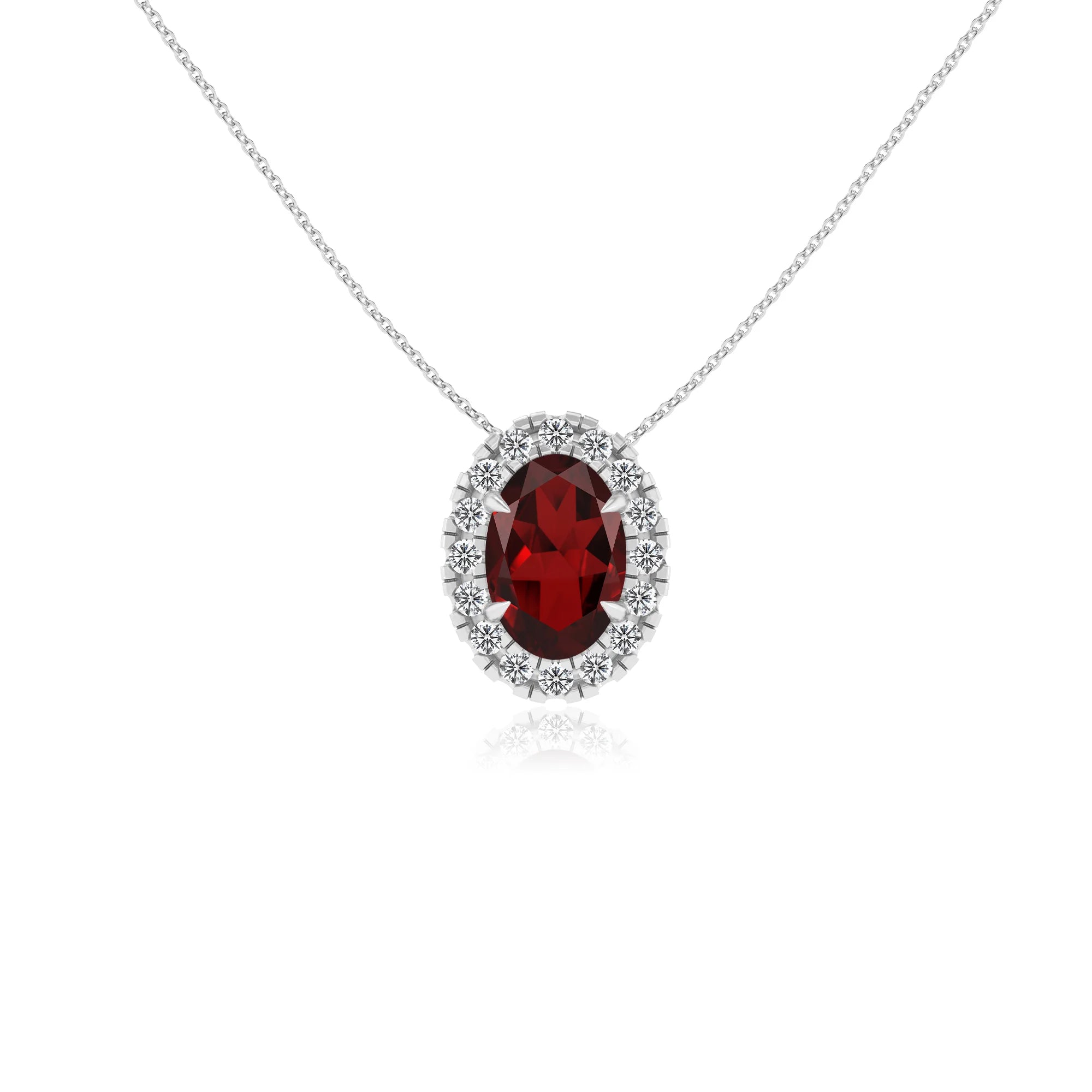 natural garnet oval solitaire necklaces in white gold 