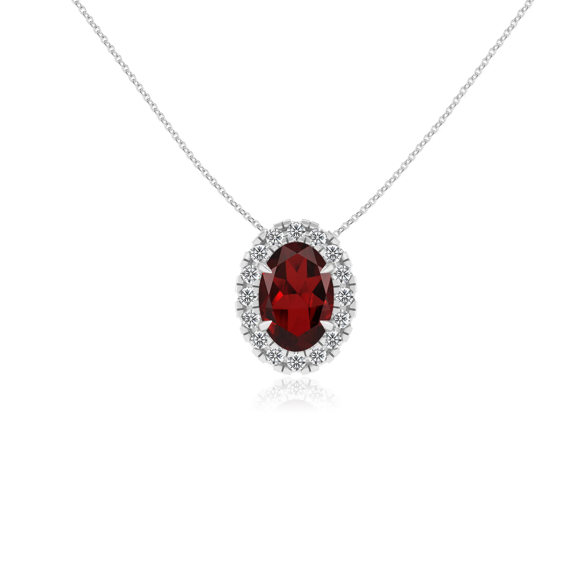 natural garnet oval solitaire necklaces in white gold 