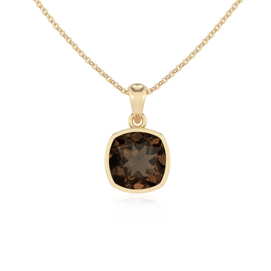 natural smoky-quartz cushion solitaire necklaces in yellow gold 