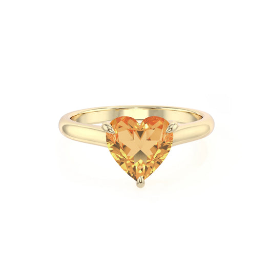 lab grown citrine heart solitaire rings in yellow gold 