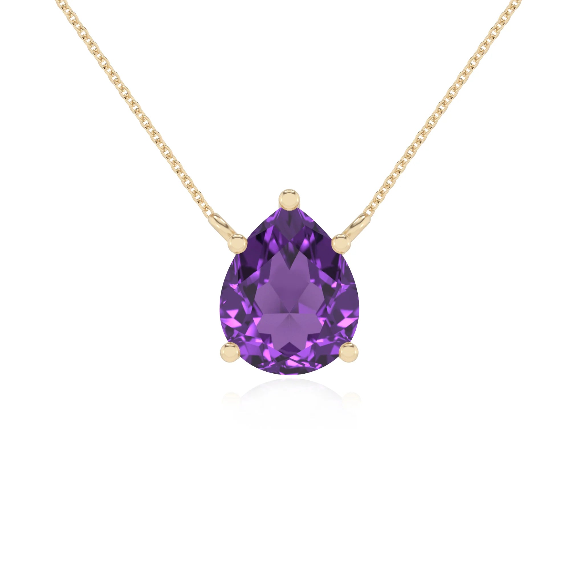 lab grown amethyst pear solitaire necklaces in yellow gold 