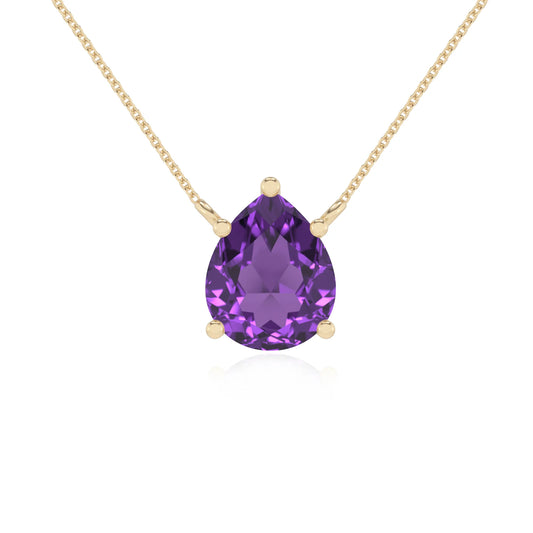 lab grown amethyst pear solitaire necklaces in yellow gold 