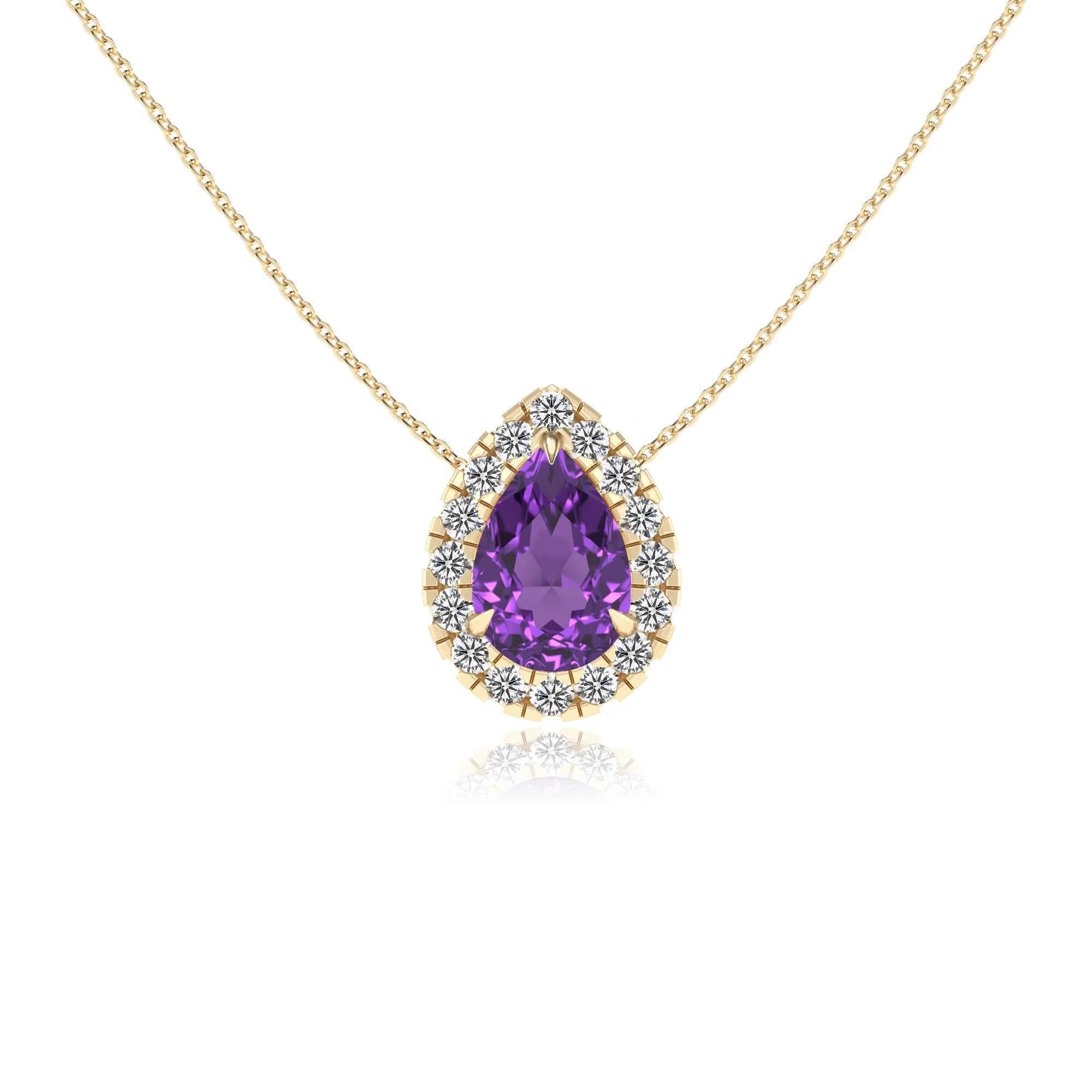 lab grown amethyst pear solitaire necklaces in yellow gold 