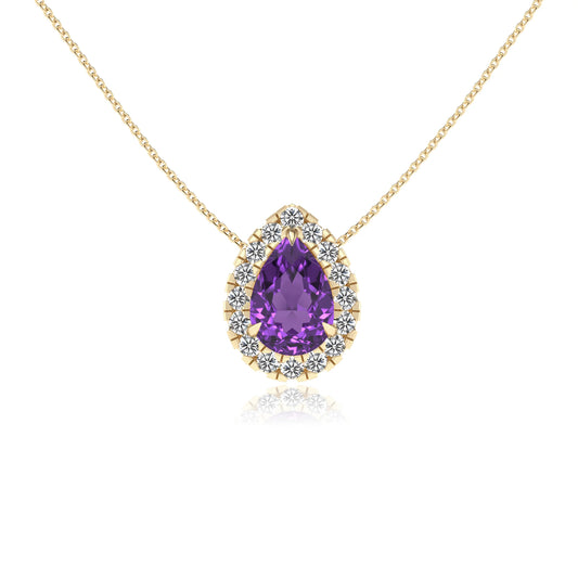 lab grown amethyst pear solitaire necklaces in yellow gold 