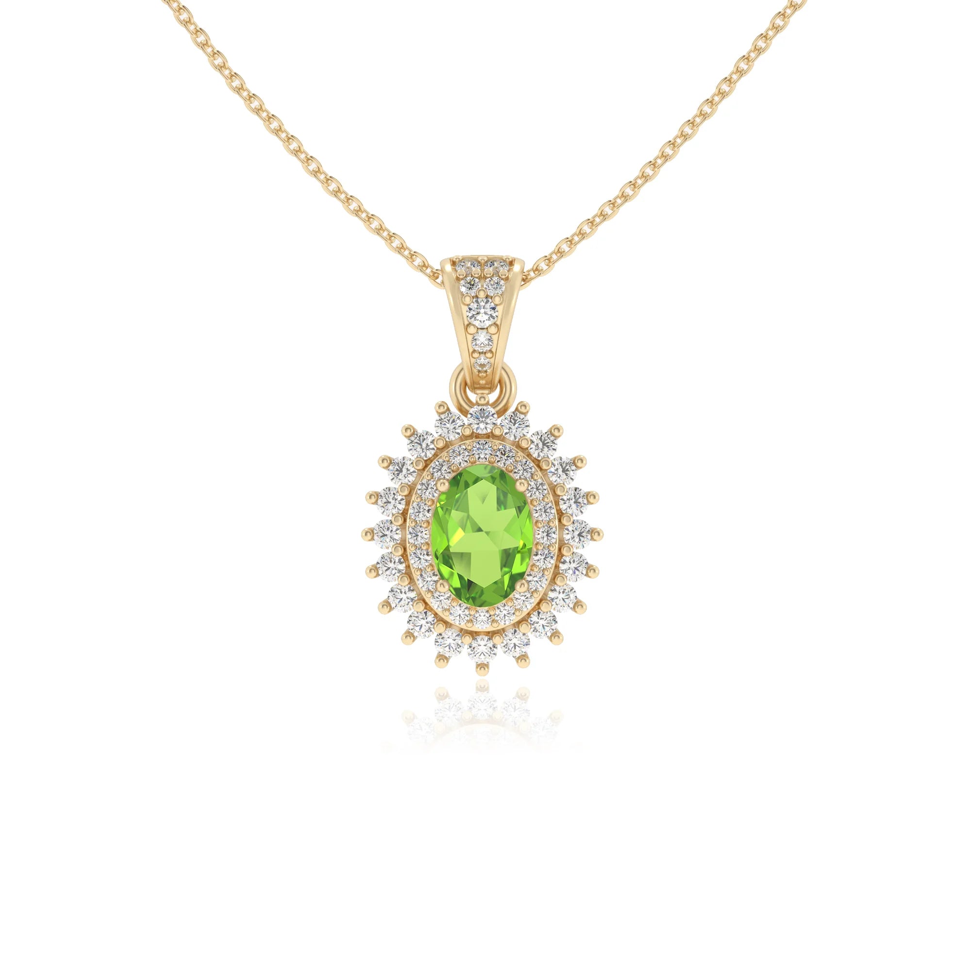 natural peridot oval halo necklaces in yellow gold 
