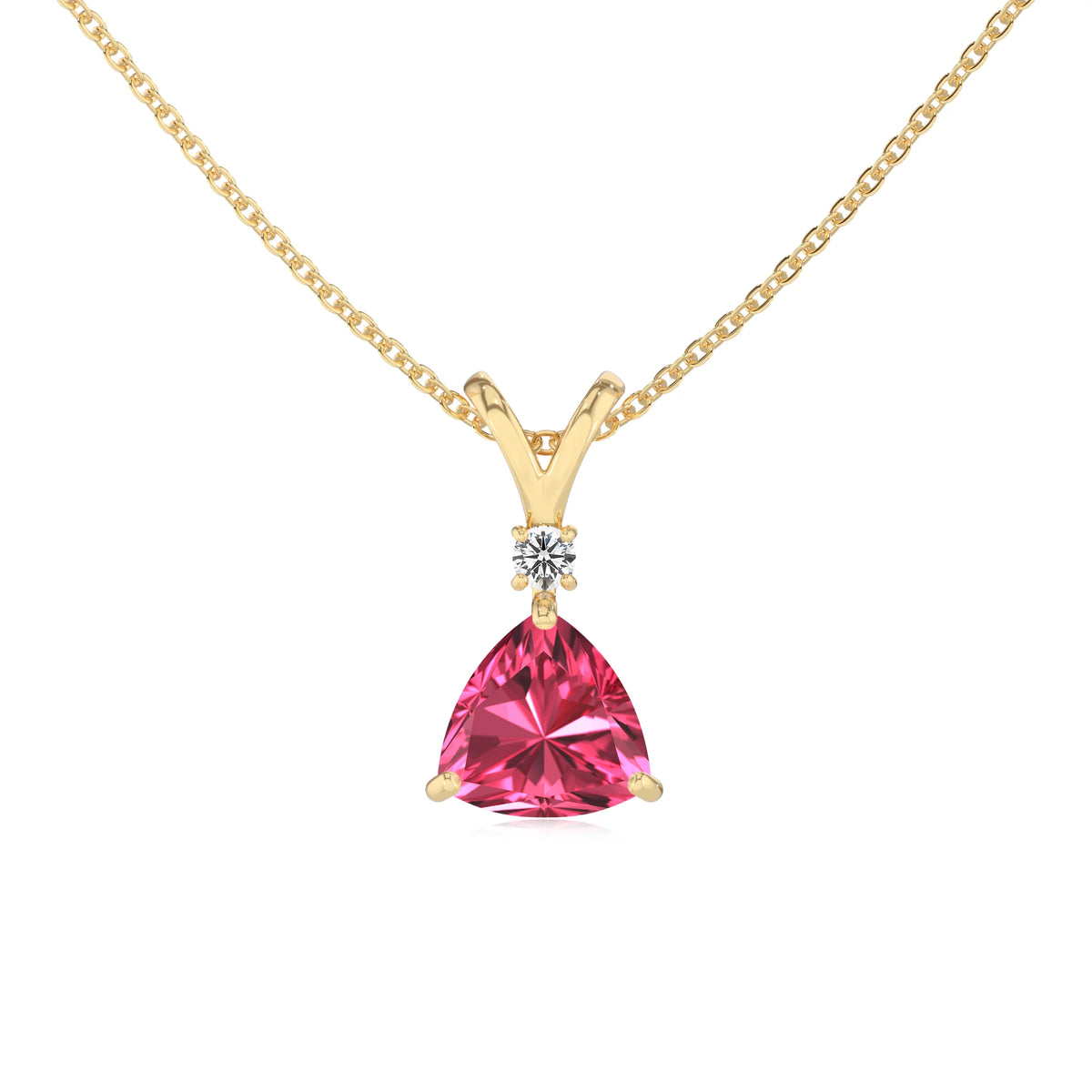 lab grown pink-tourmaline trillion solitaire v-bale necklaces in yellow gold 