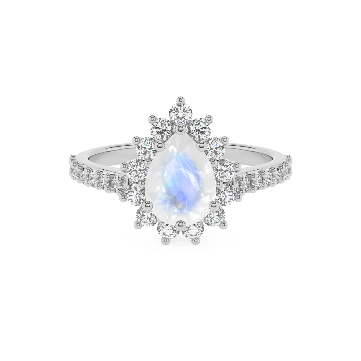 natural rainbow-moonstone pear solitaire rings in white gold 
