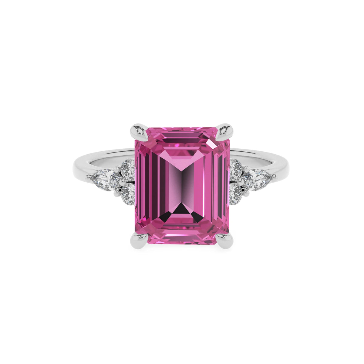 lab grown pink-sapphire emerald cut solitaire rings in white gold 