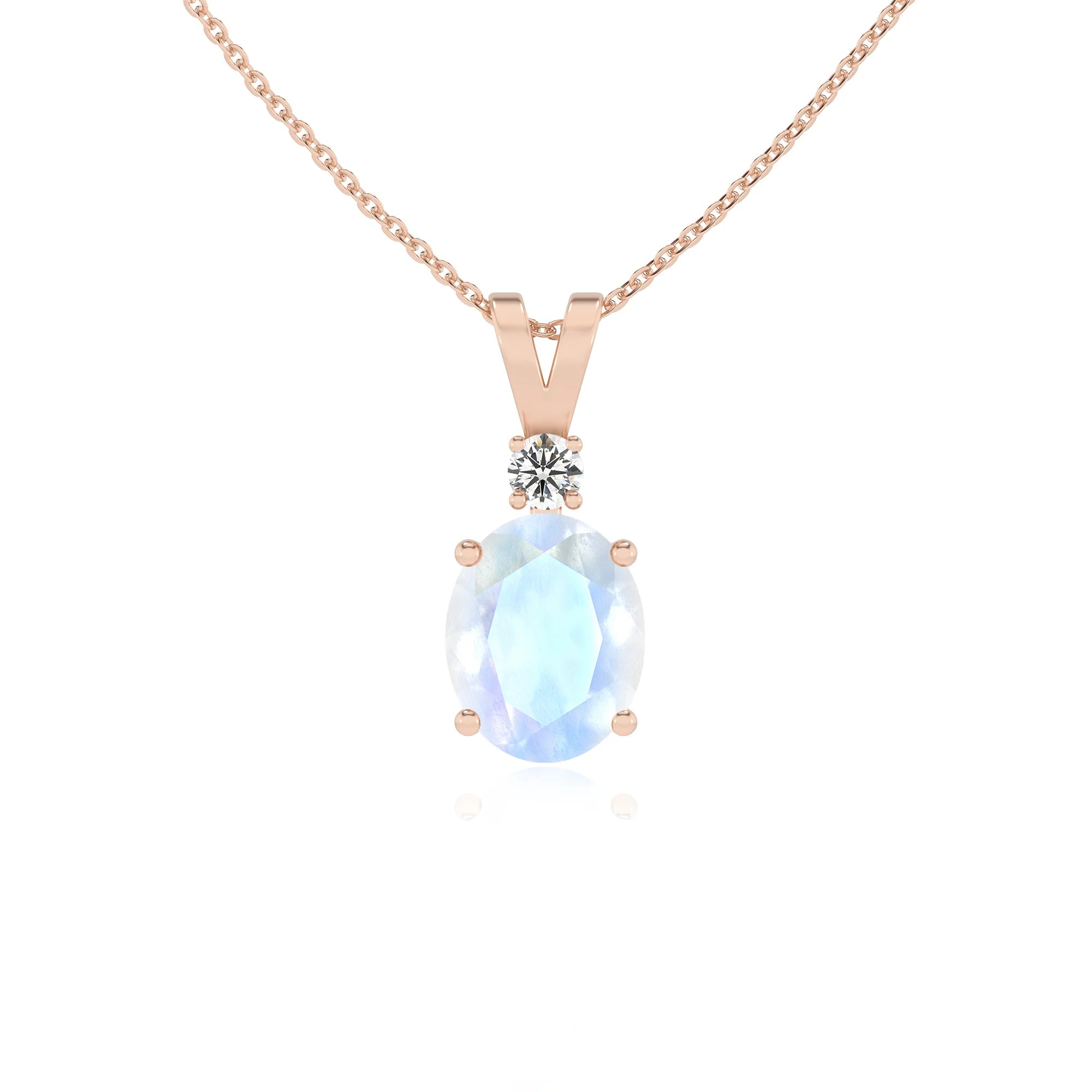 natural rainbow-moonstone oval solitaire v-bale necklaces in rose gold 