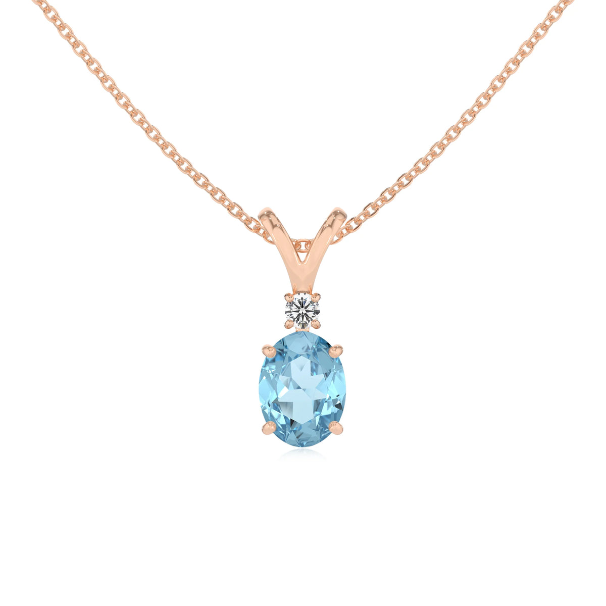 lab grown aquamarine oval solitaire v-bale necklaces in rose gold 