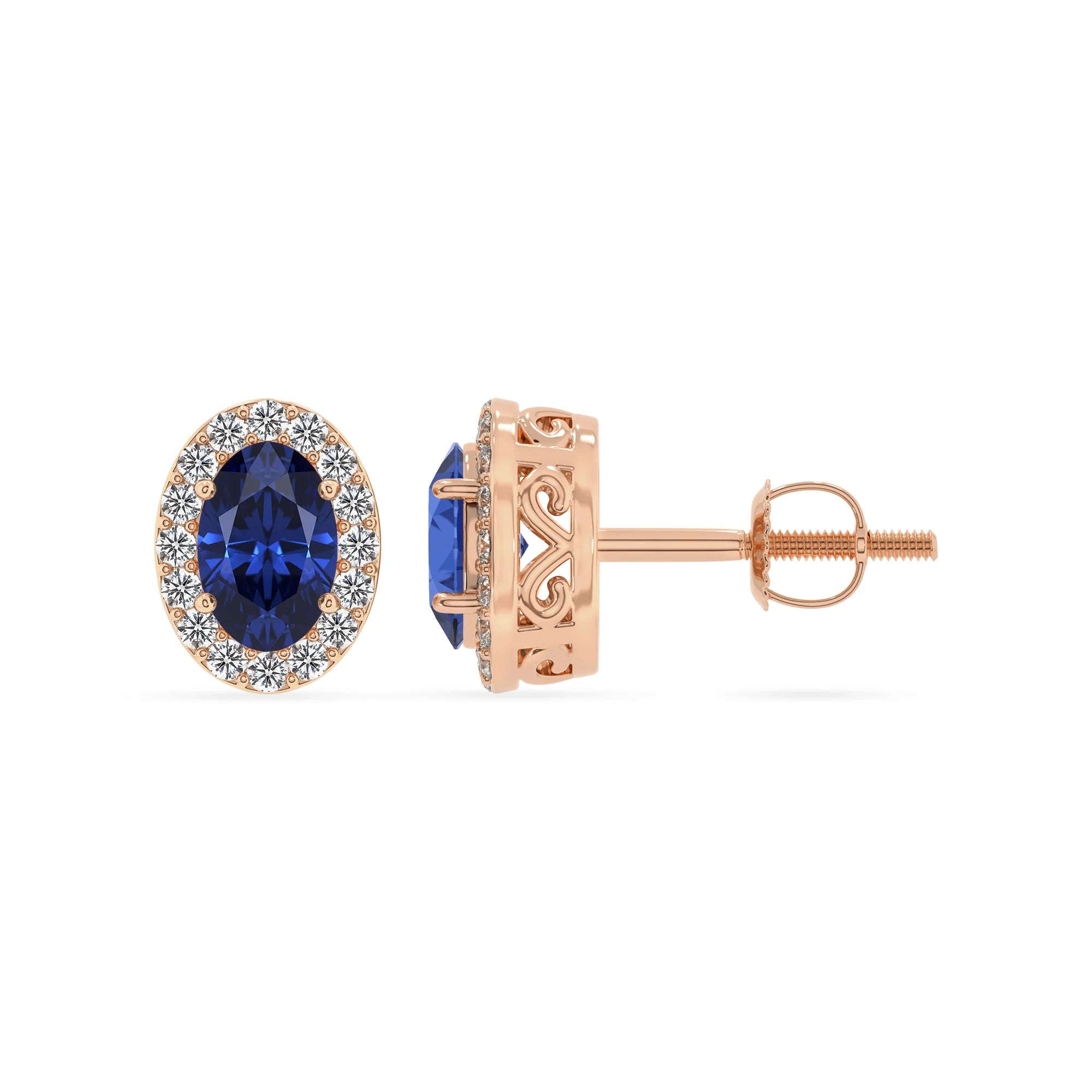 lab grown blue sapphire oval stud earrings in rose gold 