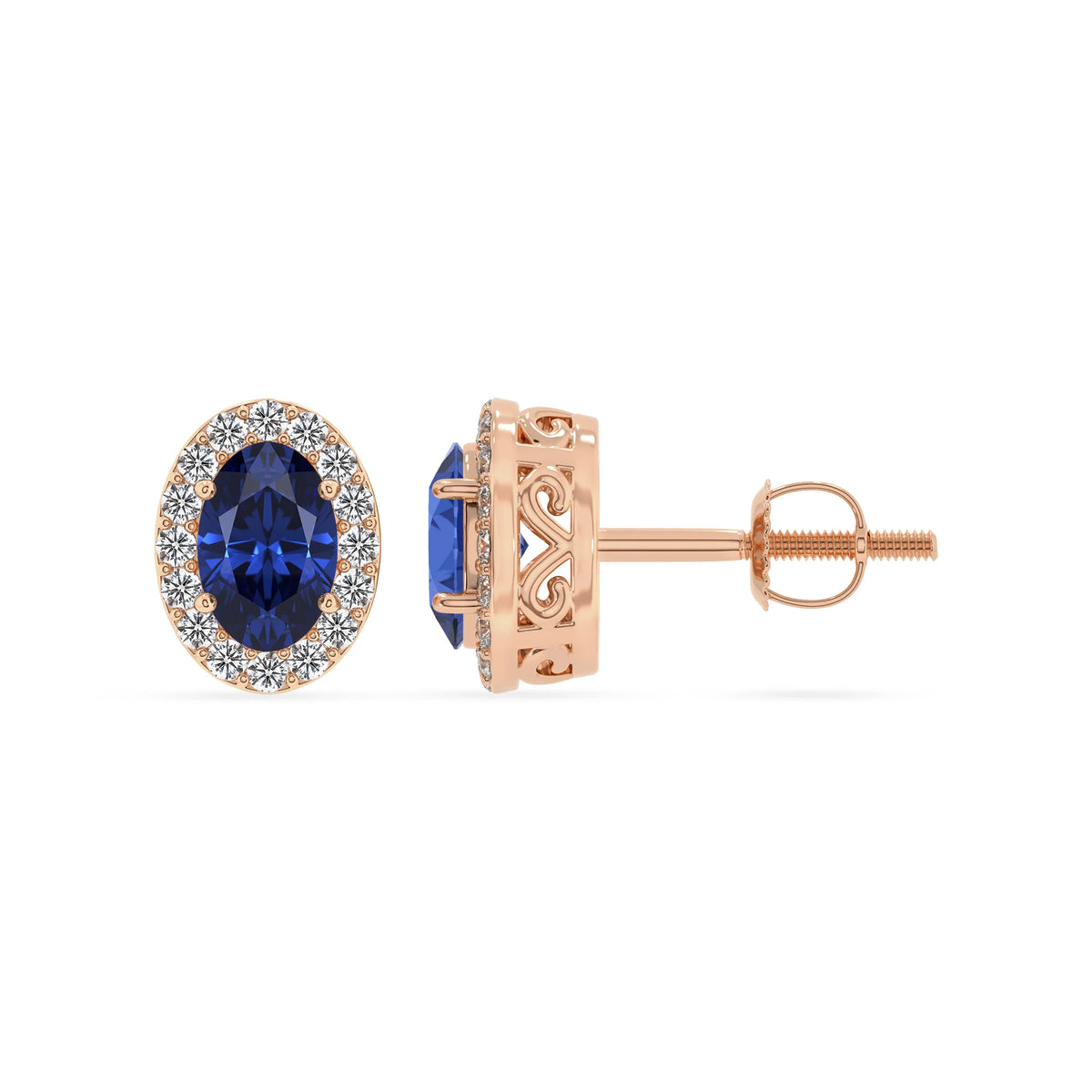 lab grown blue sapphire oval stud earrings in rose gold 