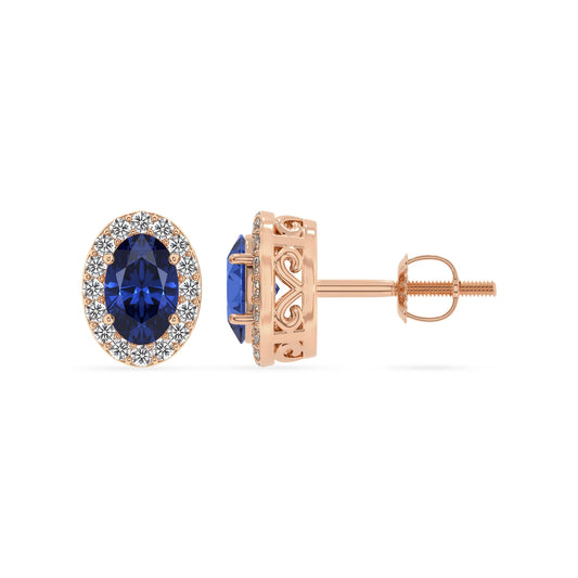 lab grown blue sapphire oval stud earrings in rose gold 