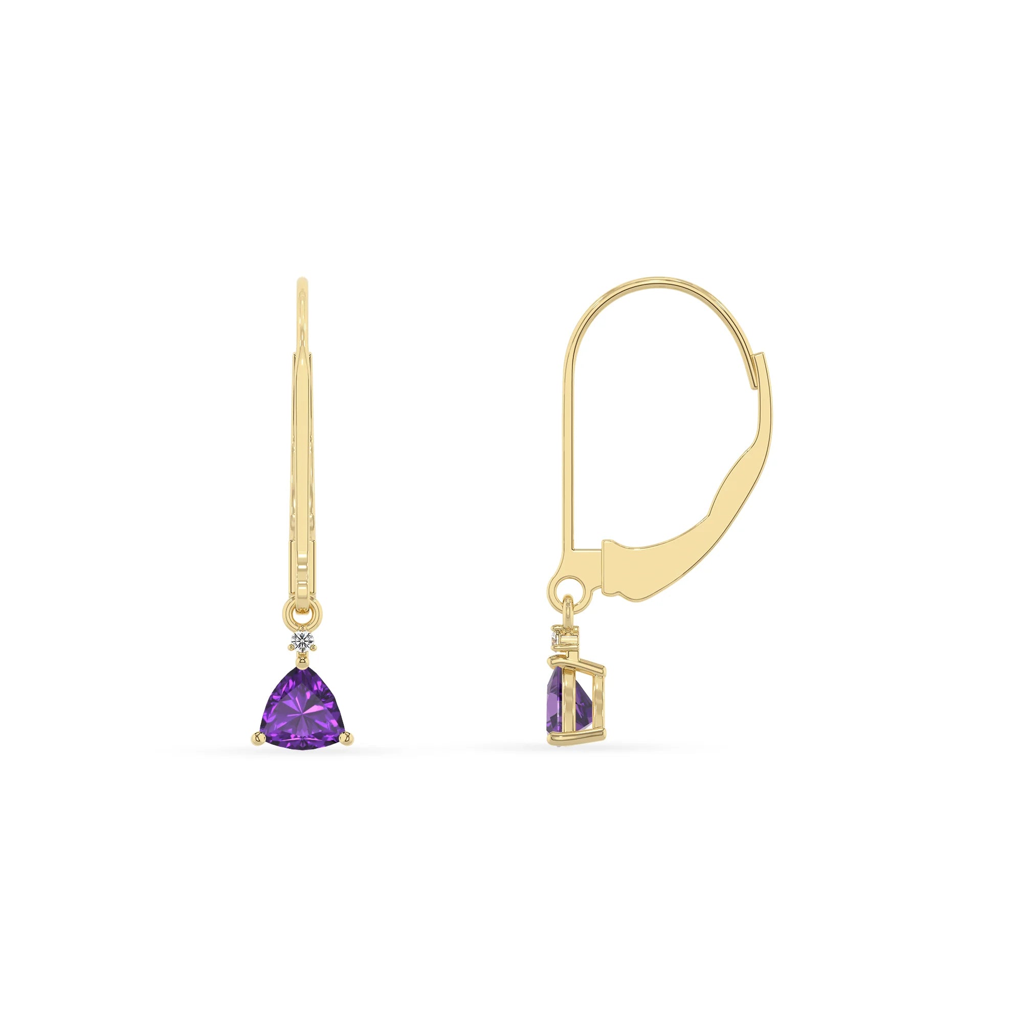 lab grown amethyst trillion drop earrings in yellow gold 