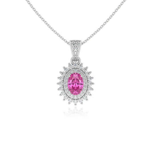 lab grown pink-sapphire oval halo necklaces in white gold 
