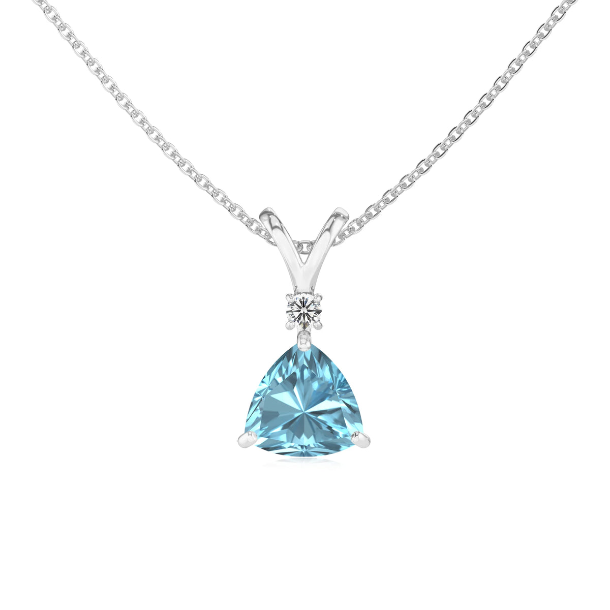 lab grown aquamarine trillion solitaire v-bale necklaces in platinum 