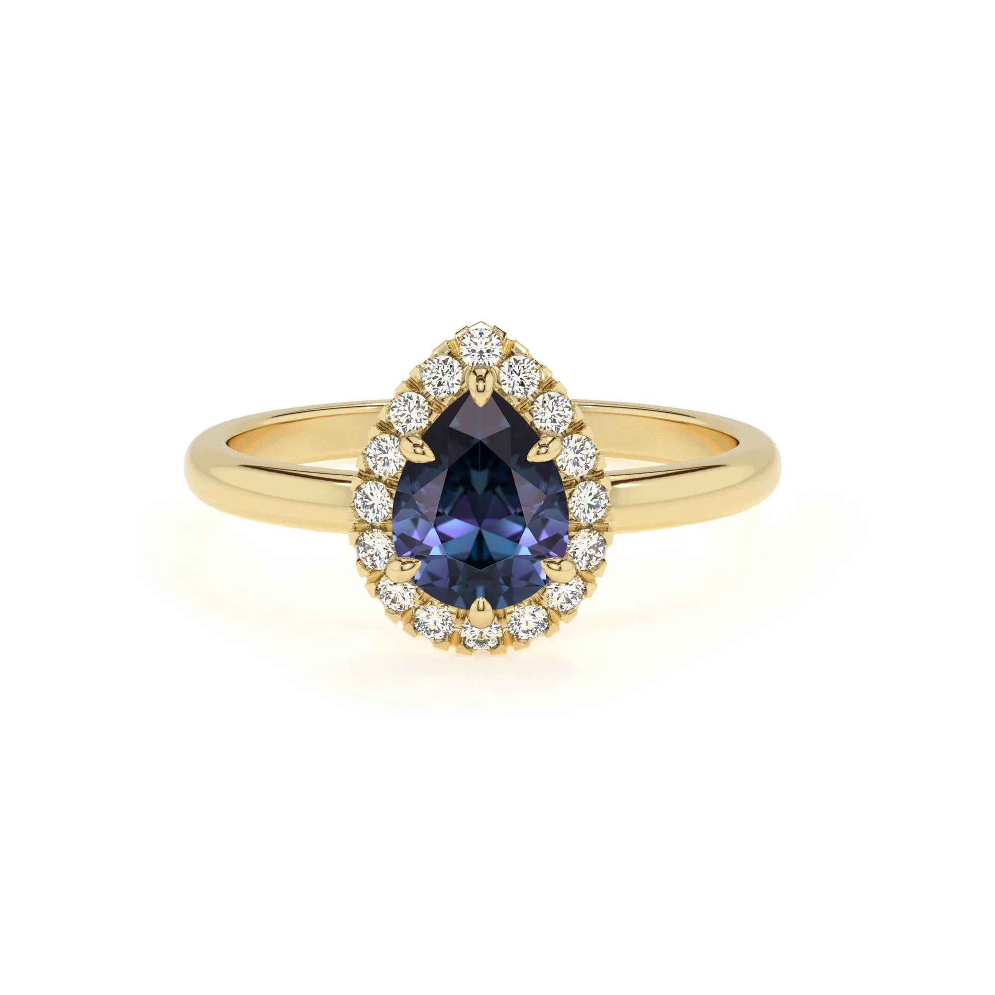 lab grown alexandrite pear solitaire rings in yellow gold 