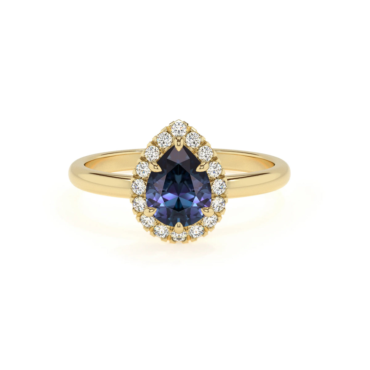 lab grown alexandrite pear solitaire rings in yellow gold 