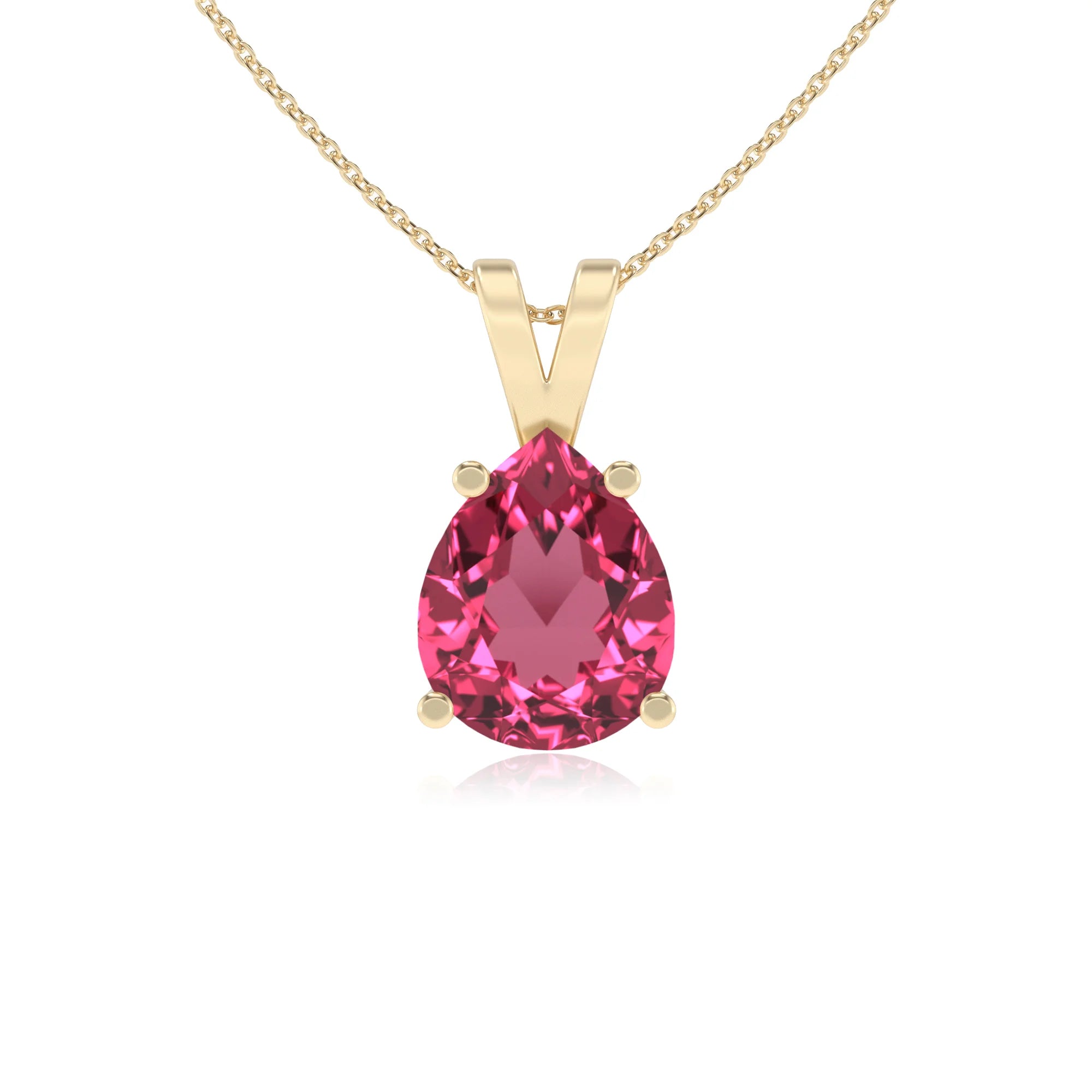 lab grown pink-tourmaline pear solitaire v-bale necklaces in yellow gold 