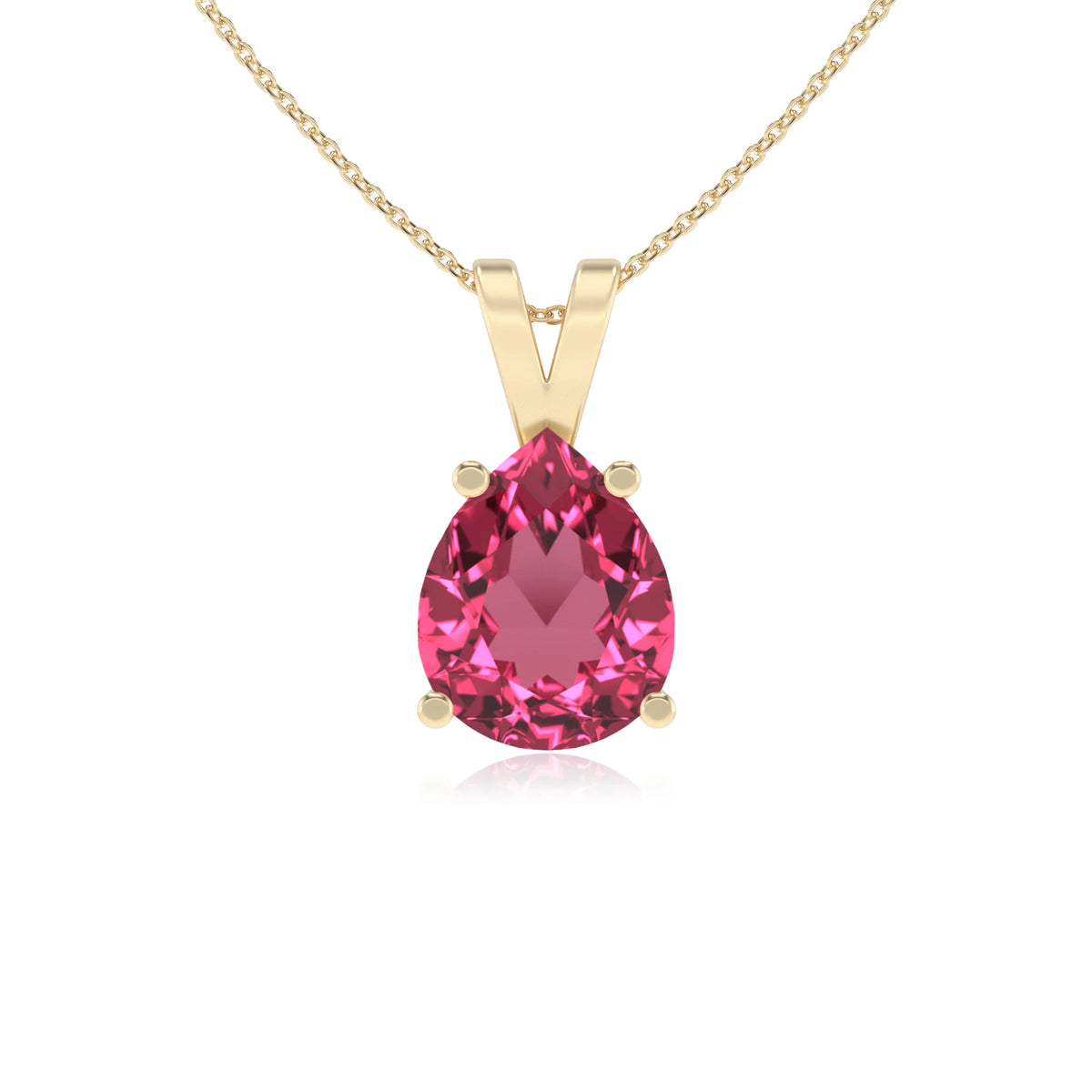 lab grown pink-tourmaline pear solitaire v-bale necklaces in yellow gold 