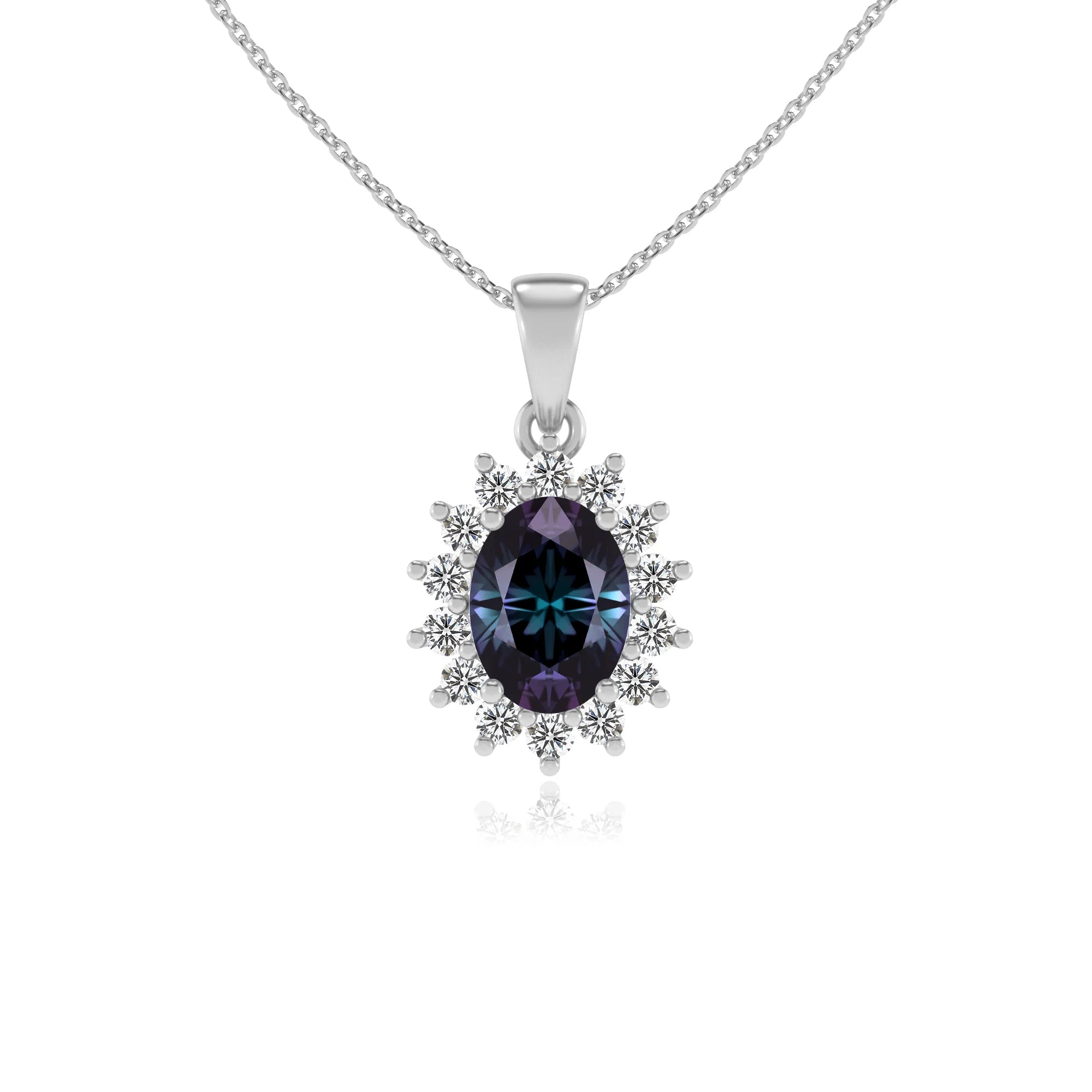 lab grown alexandrite oval halo necklaces in white gold 
