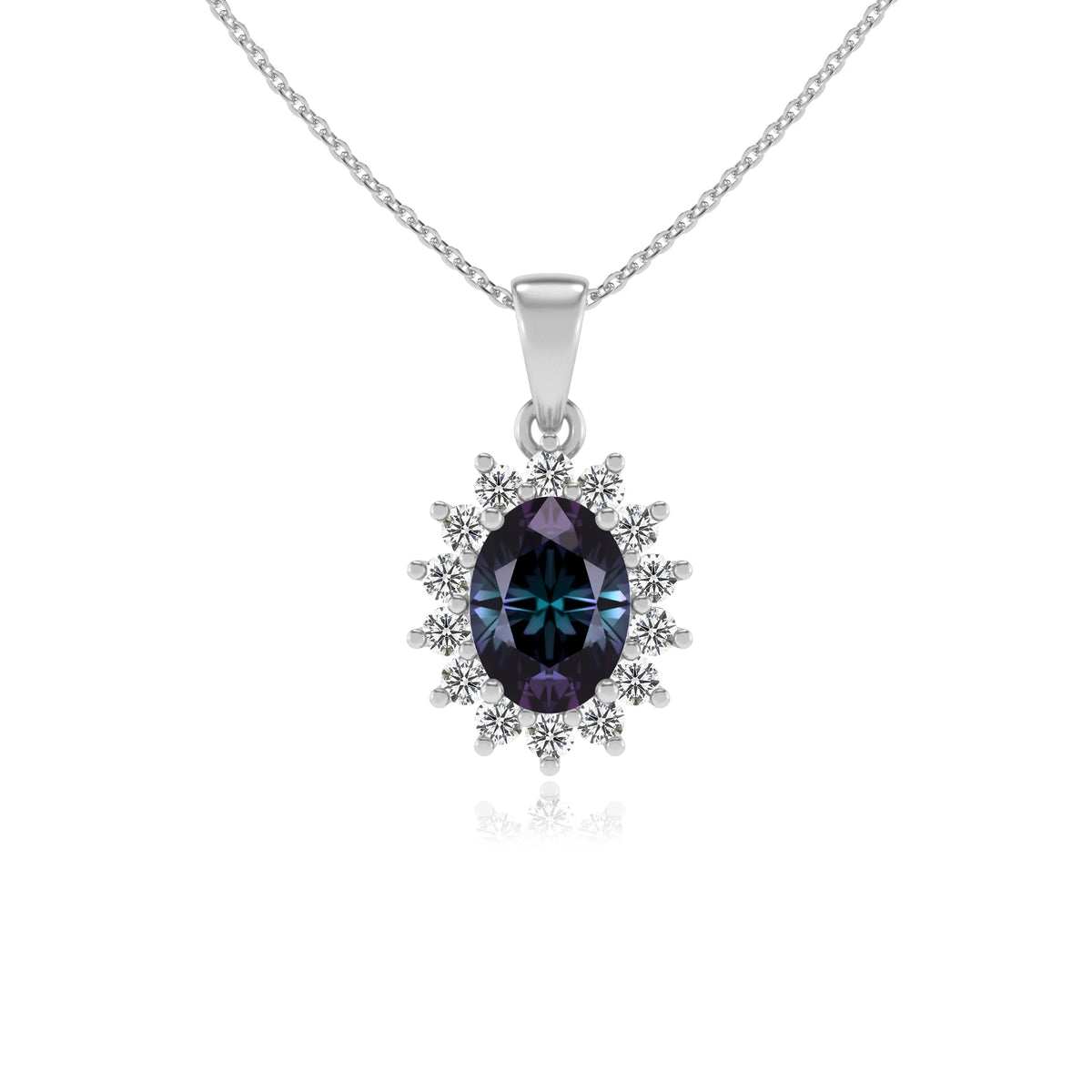 lab grown alexandrite oval halo necklaces in white gold 