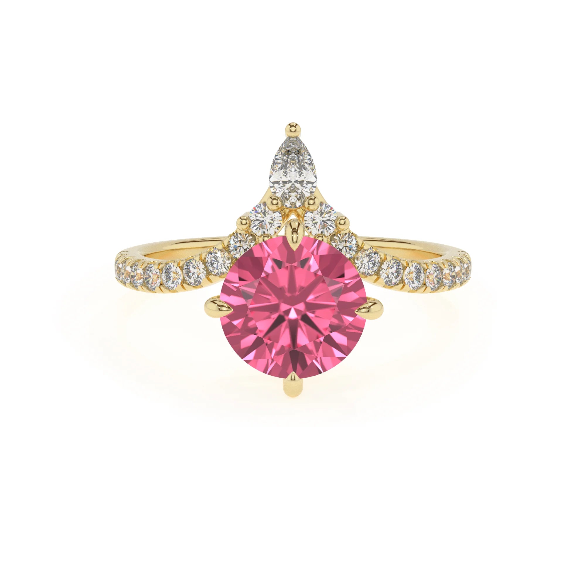 lab grown pink-tourmaline round solitaire rings in yellow gold 