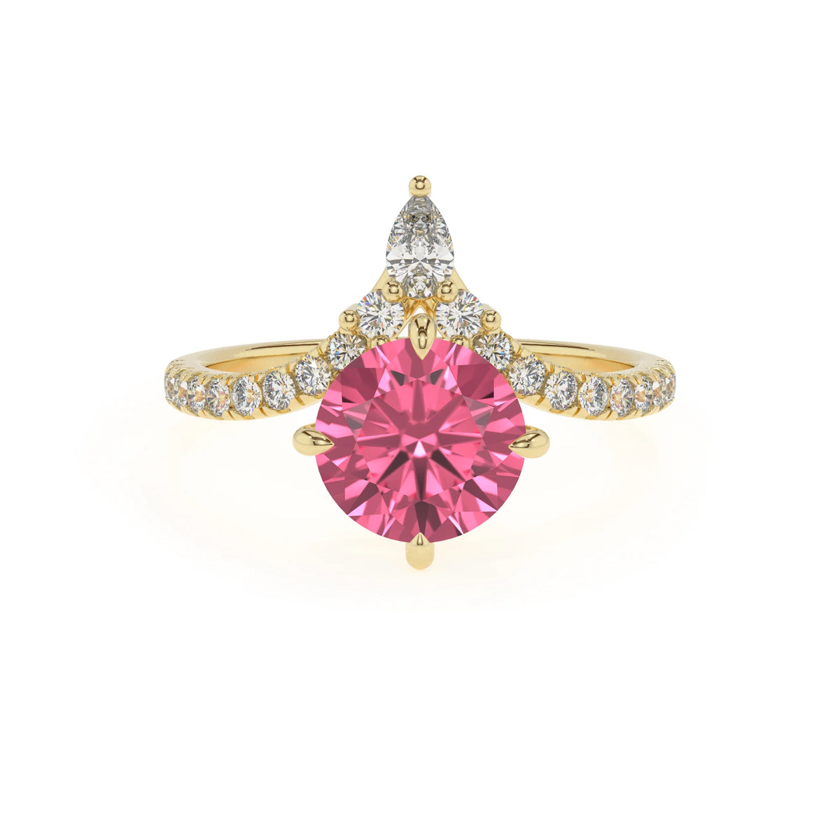 lab grown pink-tourmaline round solitaire rings in yellow gold 