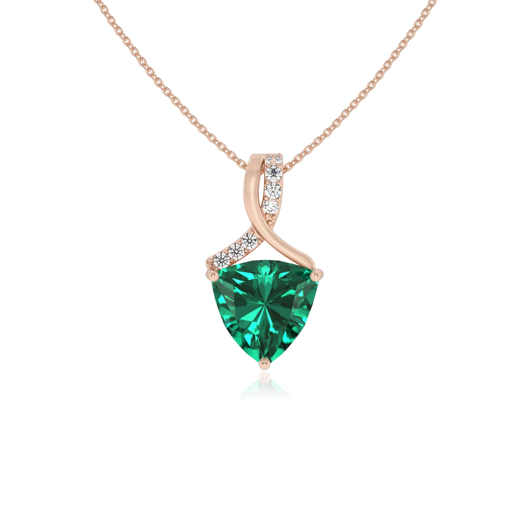 lab grown emerald trillion solitaire necklaces in rose gold 