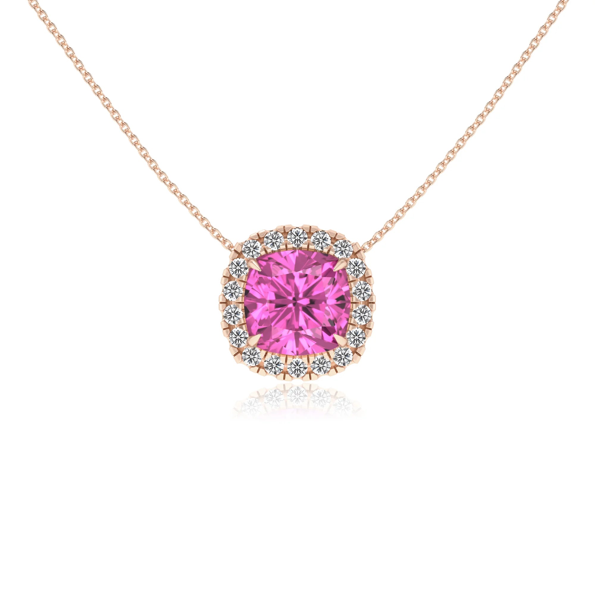 lab grown pink sapphire cushion solitaire necklaces in rose gold 