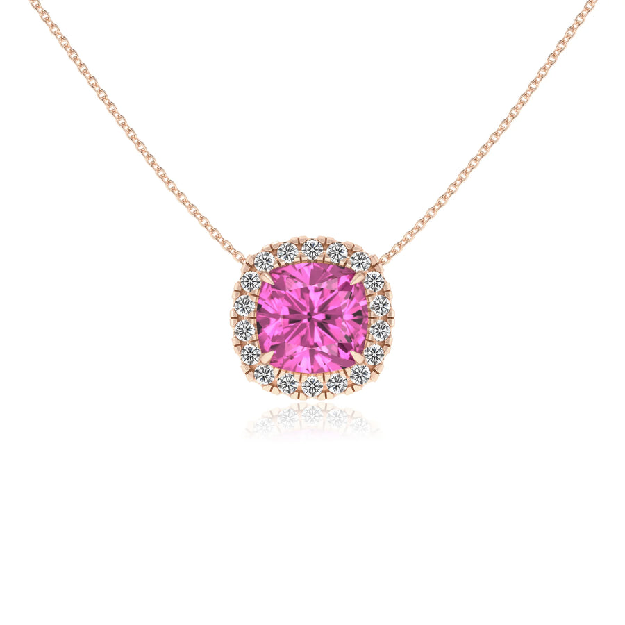 lab grown pink sapphire cushion solitaire necklaces in rose gold 