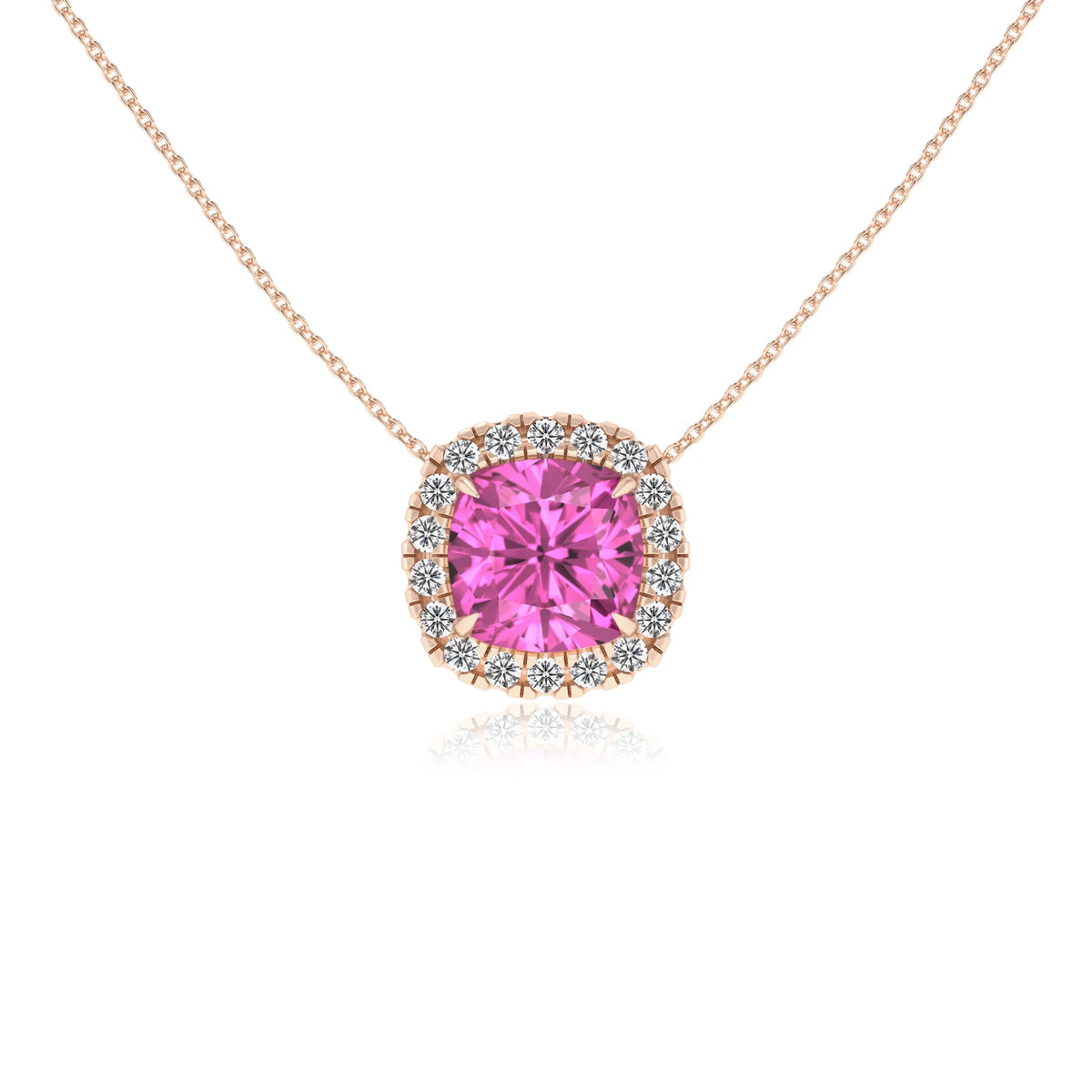 lab grown pink sapphire cushion solitaire necklaces in rose gold 