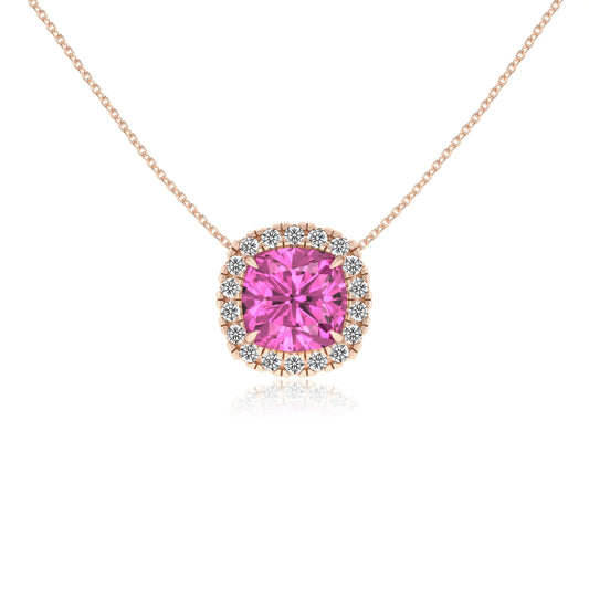 lab grown pink sapphire cushion solitaire necklaces in rose gold 