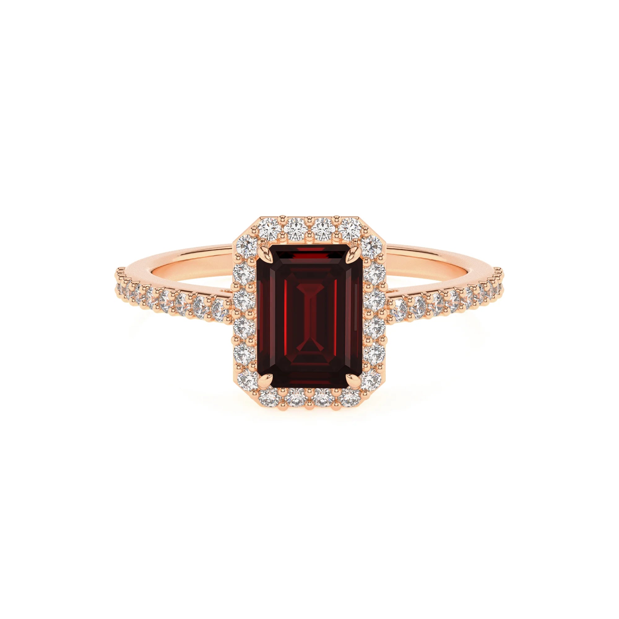 natural garnet emerald cut solitaire rings in rose gold 