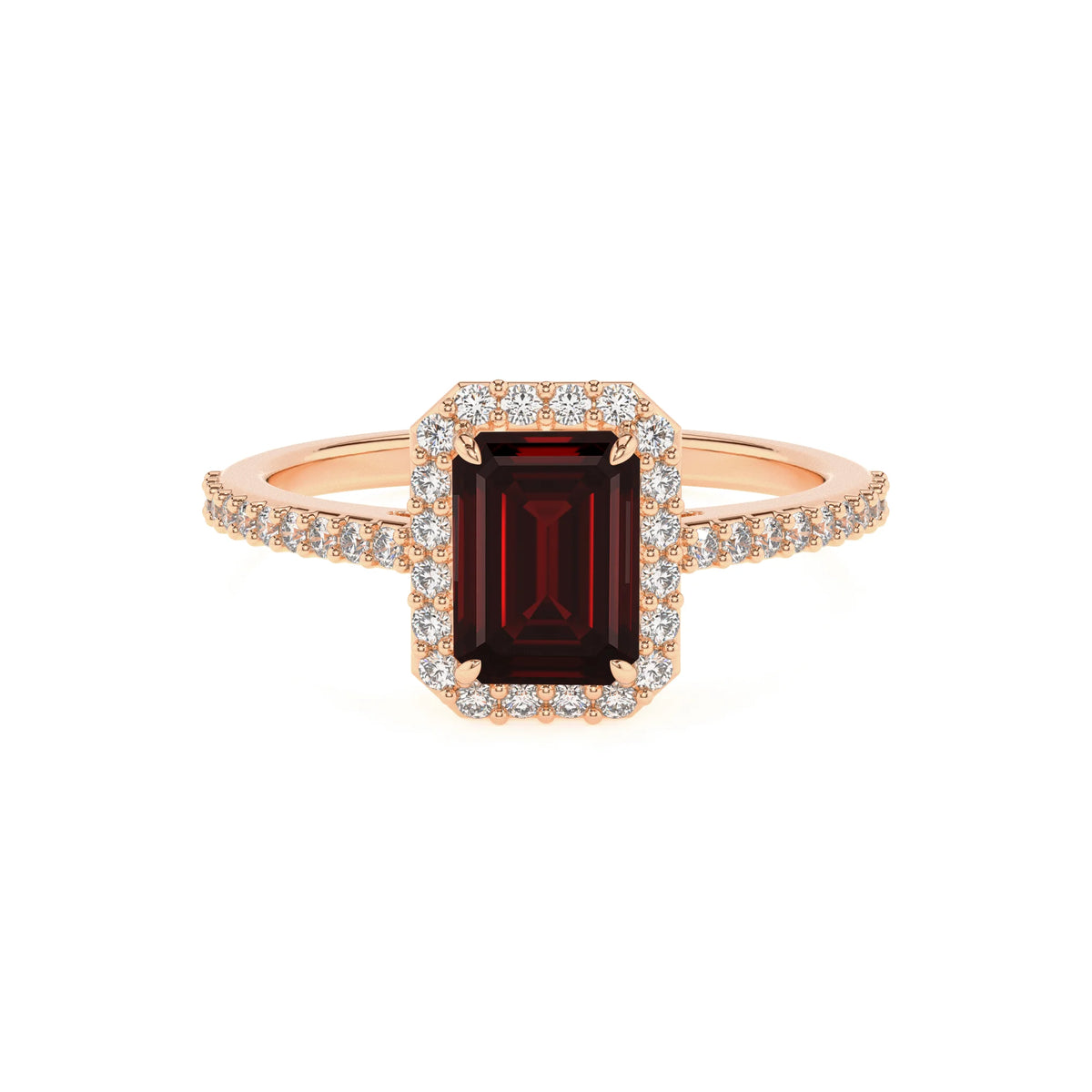 natural garnet emerald cut solitaire rings in rose gold 