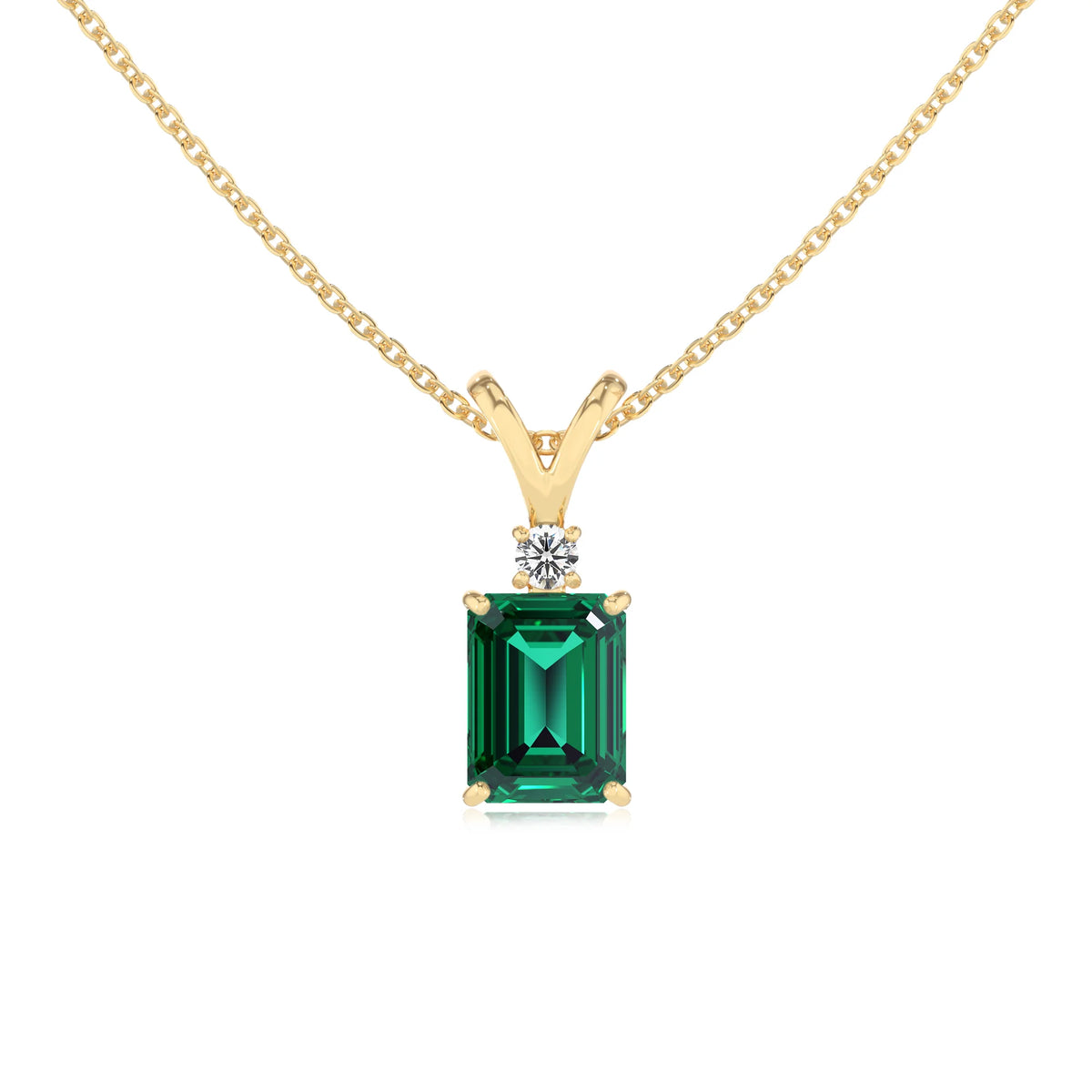 lab grown emerald octogon cut solitaire v-bale necklaces in yellow gold 