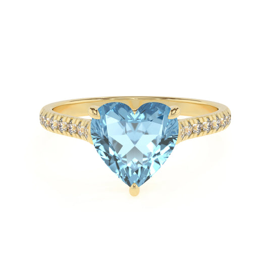 lab grown aquamarine heart half eternity solitaire engagement rings in yellow gold 