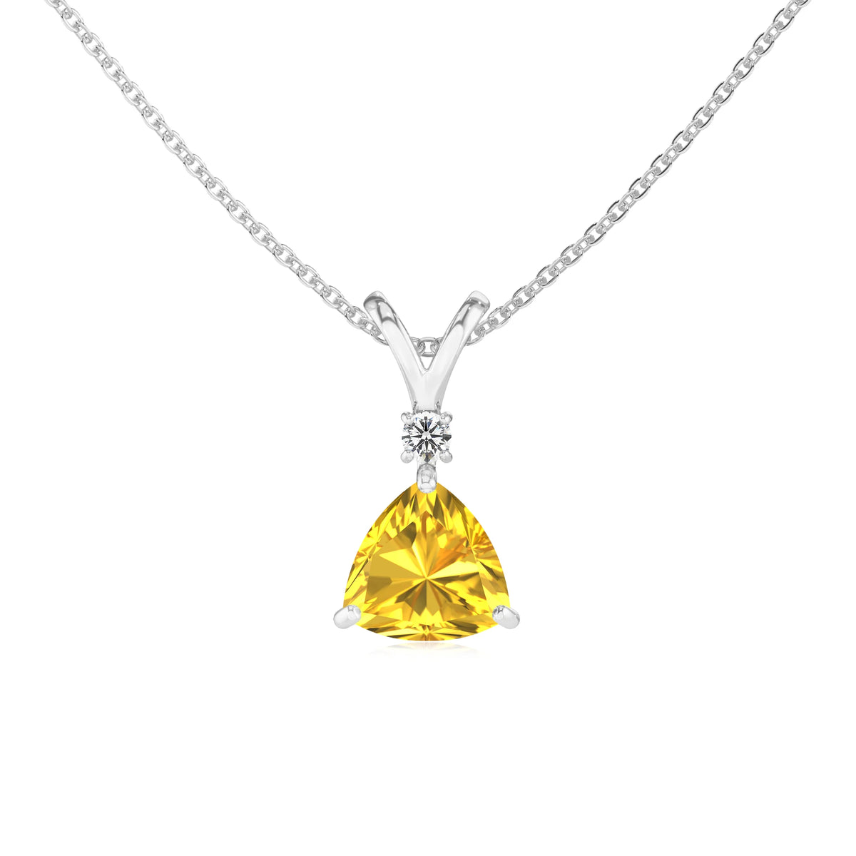 lab grown yellow-sapphire trillion solitaire v-bale necklaces in white gold 