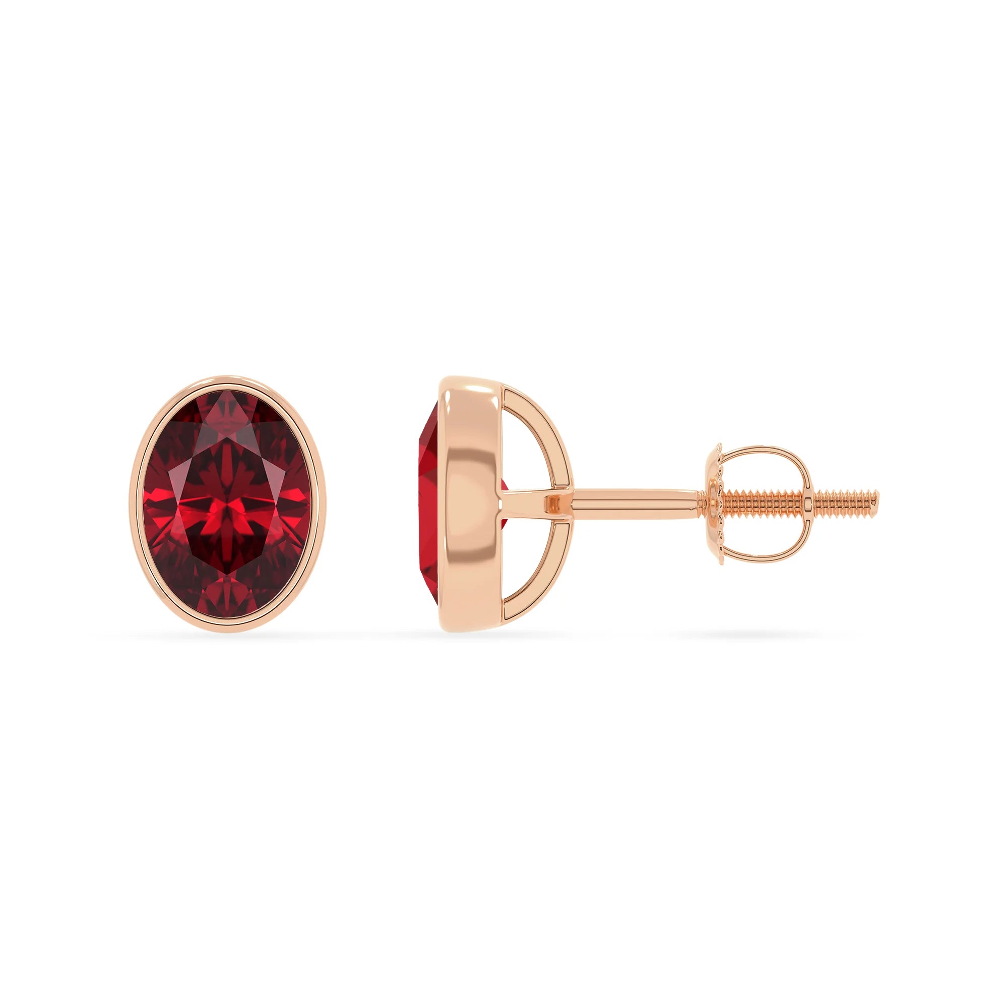 lab grown ruby oval stud earrings in rose gold 