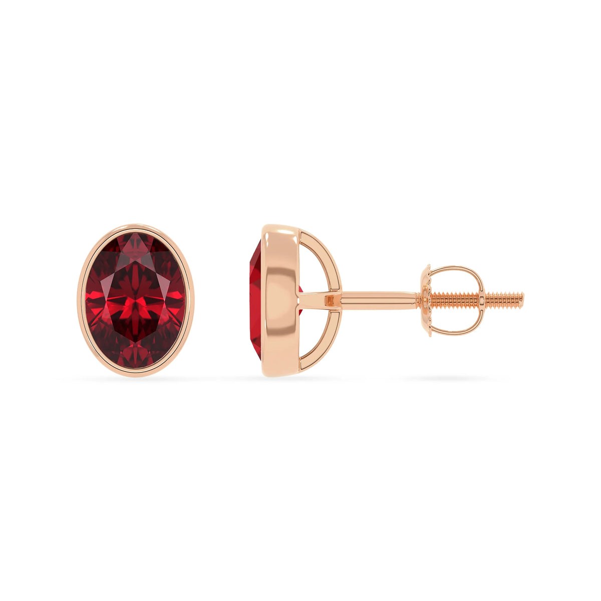 lab grown ruby oval stud earrings in rose gold 