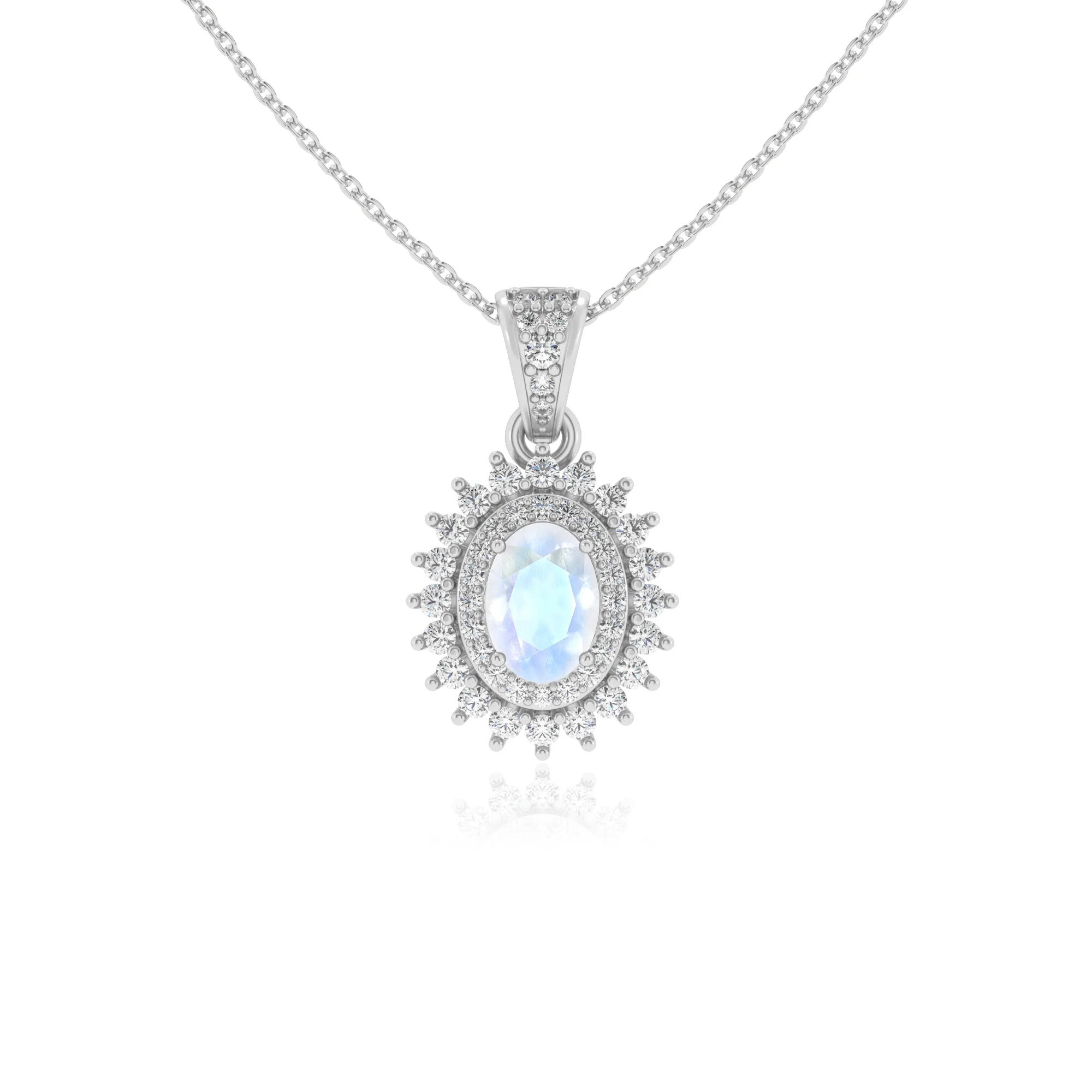 natural rainbow-moonstone oval halo necklaces in platinum 