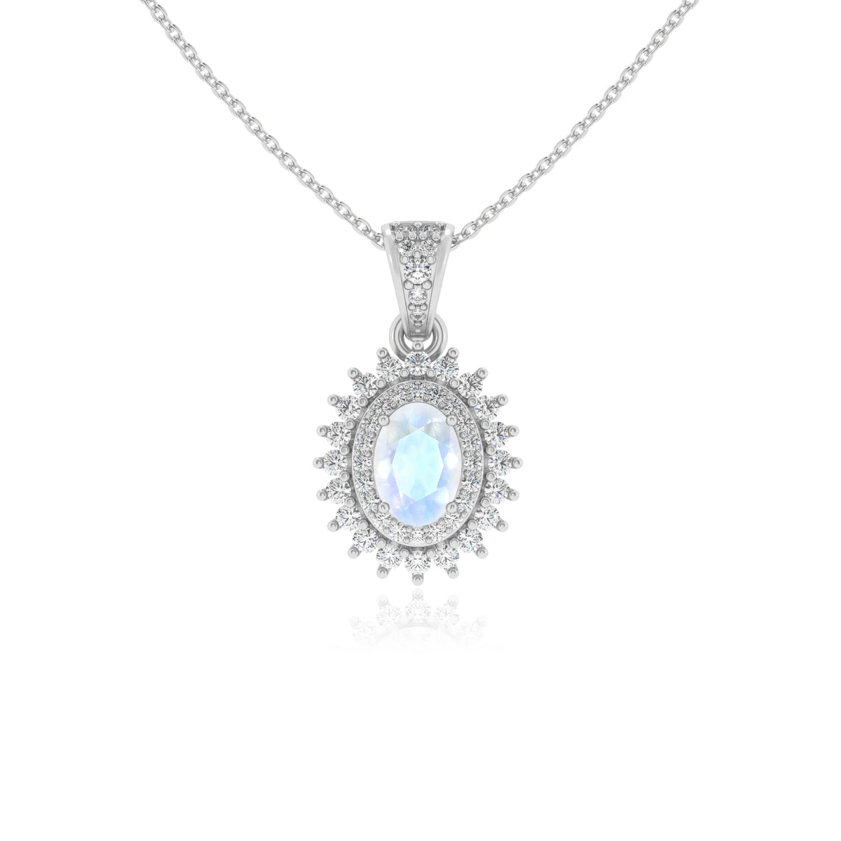 natural rainbow-moonstone oval halo necklaces in platinum 