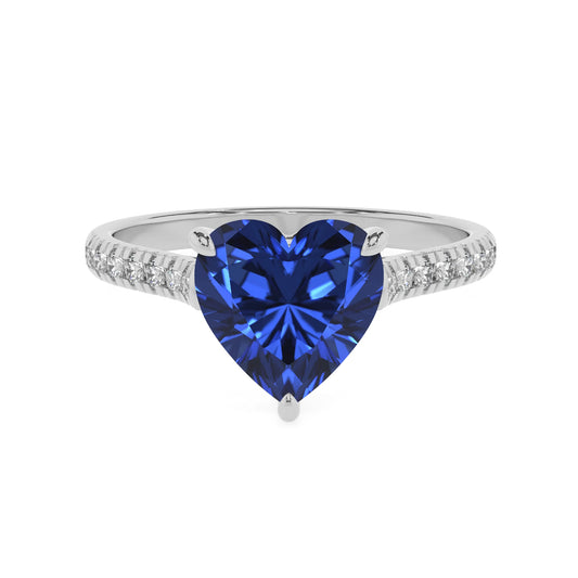 lab grown blue-sapphire heart half eternity solitaire engagement rings in sterling silver 