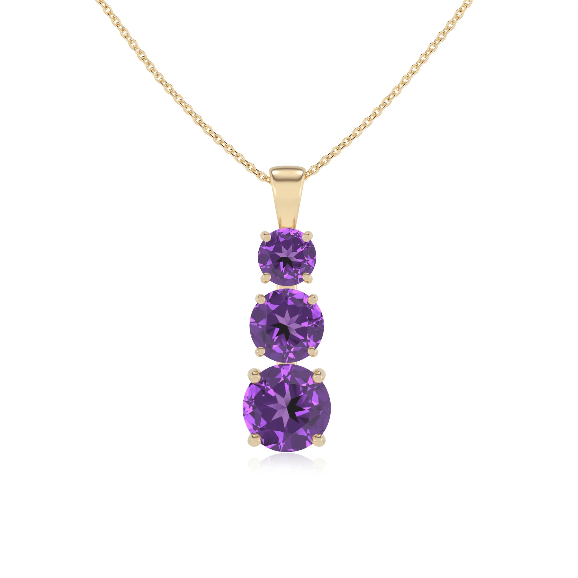 lab grown amethyst round bar v-bale necklaces in yellow gold 