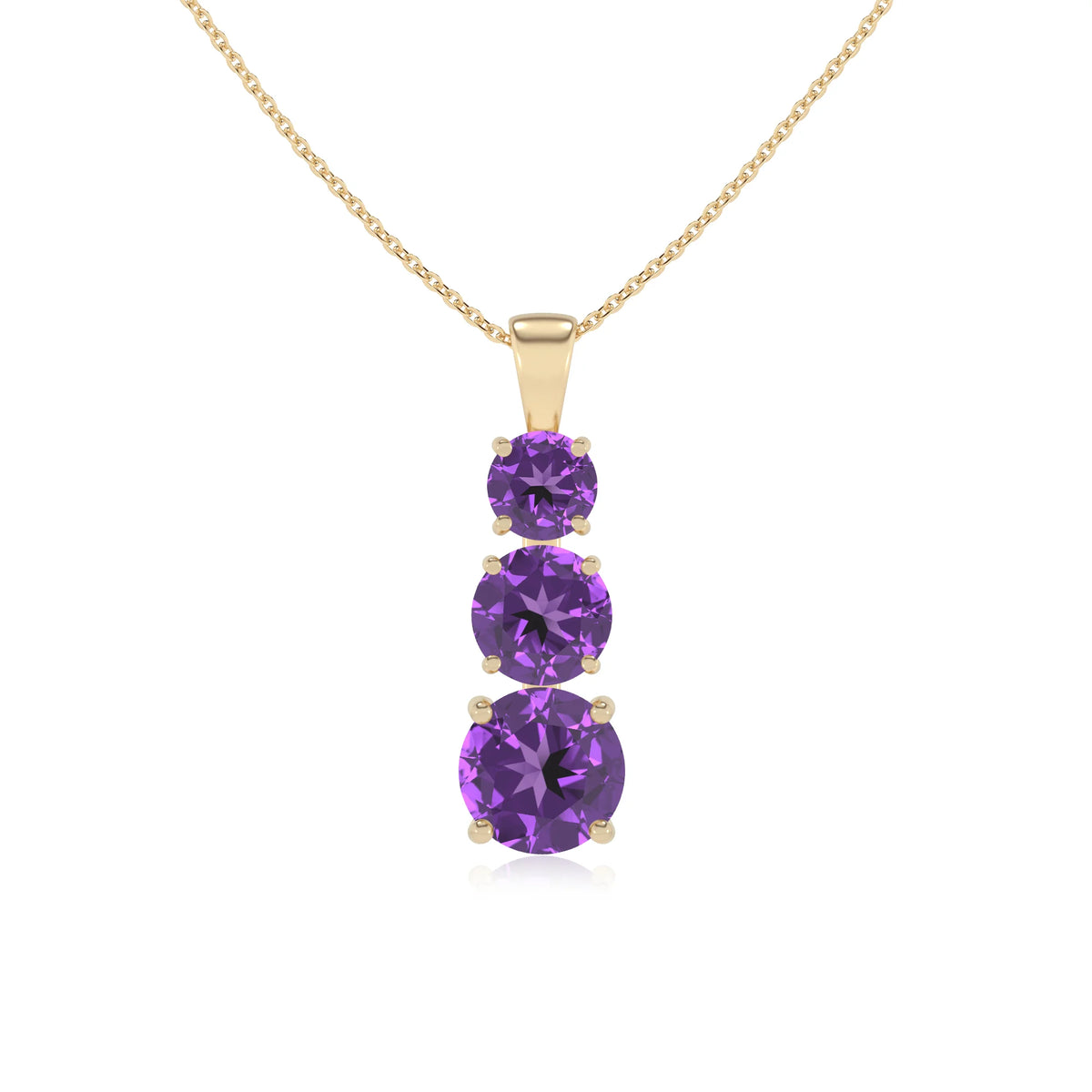 lab grown amethyst round bar v-bale necklaces in yellow gold 