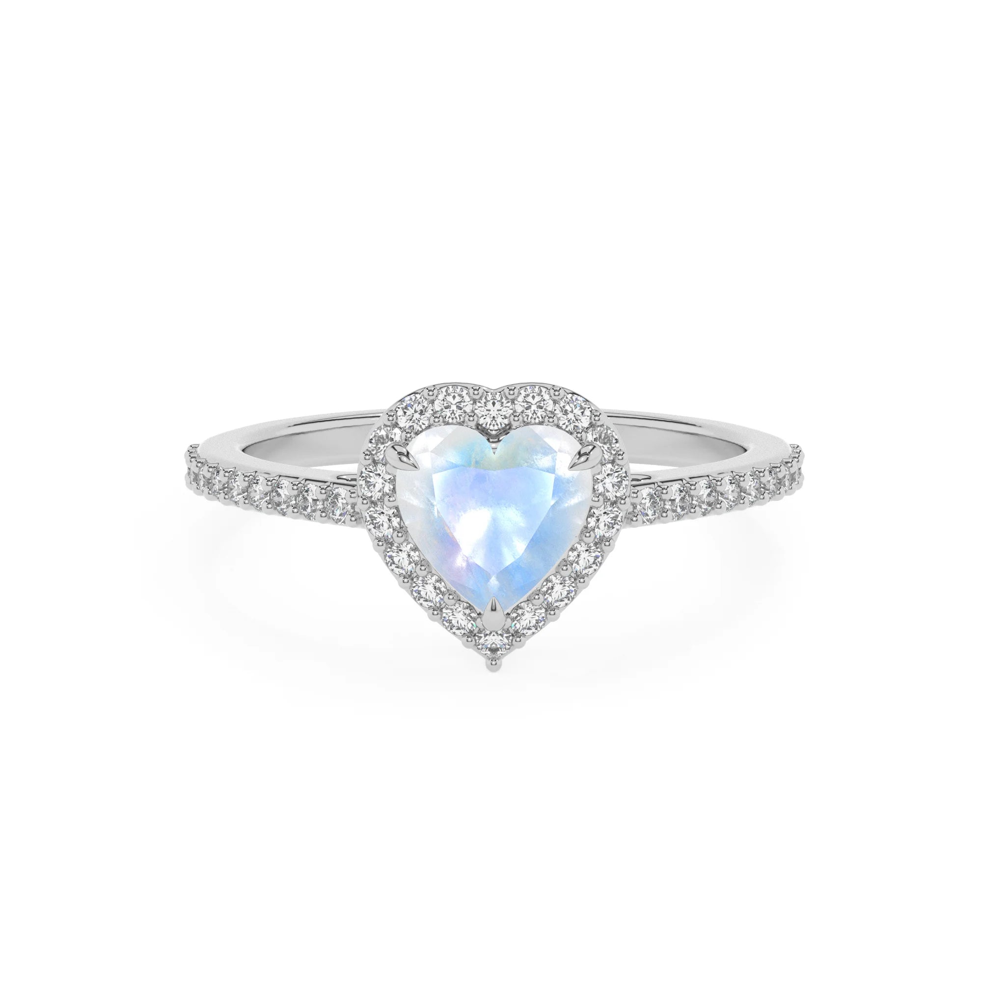 natural rainbow-moonstone heart solitaire rings in platinum 