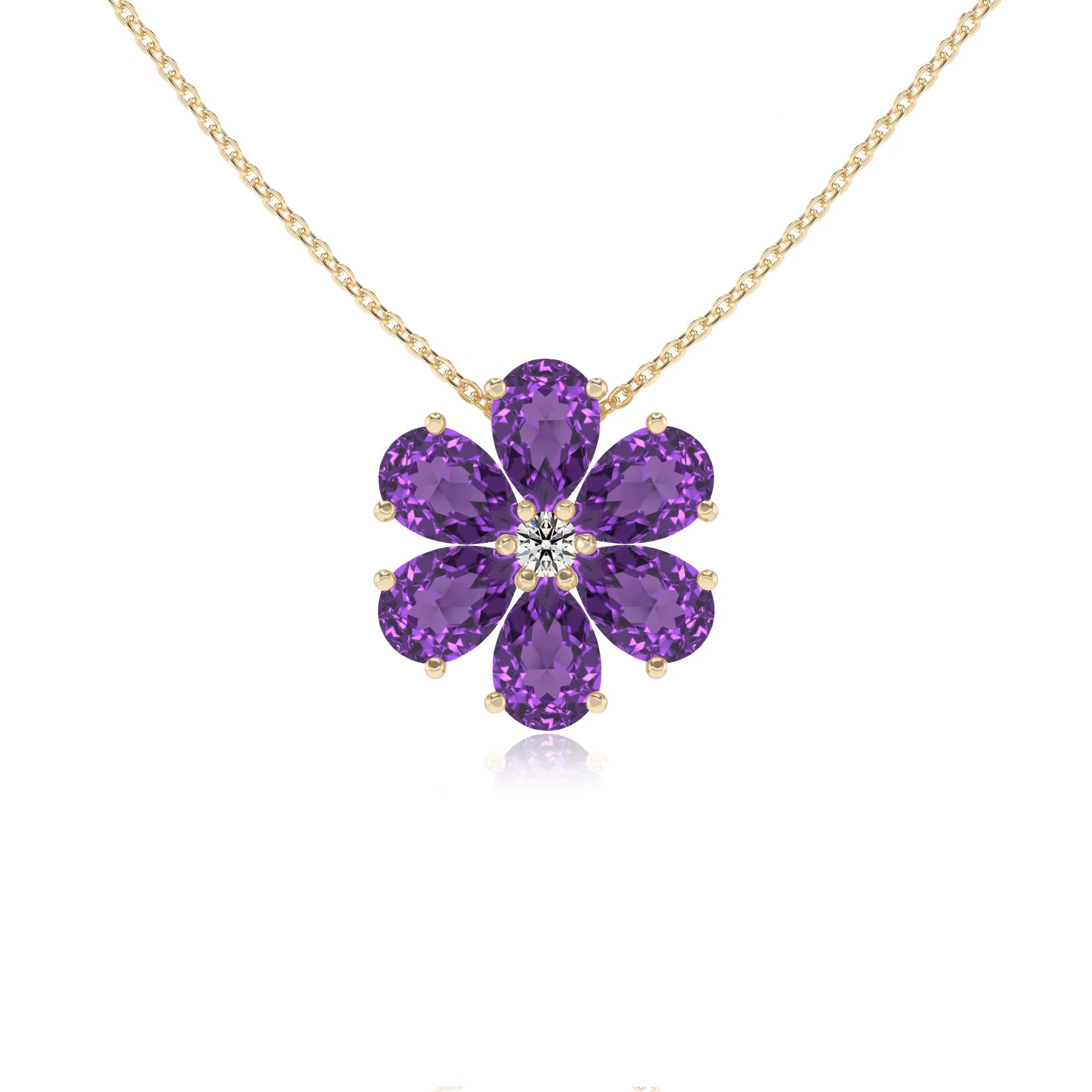 lab grown amethyst pear solitaire necklaces in yellow gold 