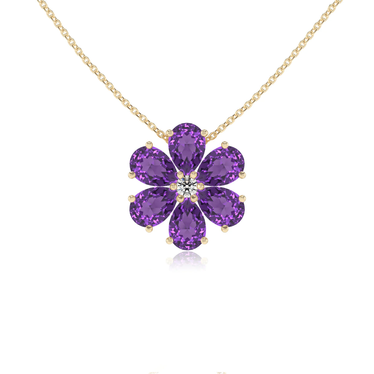 lab grown amethyst pear solitaire necklaces in yellow gold 