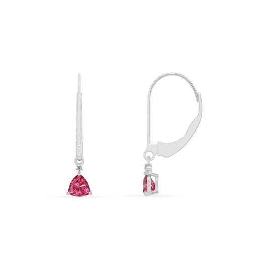 lab grown pink tourmaline trillion drop earrings in white gold 